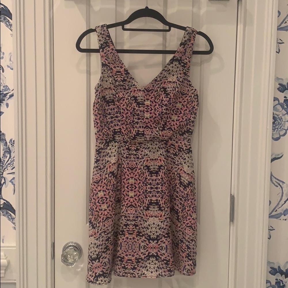 Pink, yellow, & navy patterned v neck dress